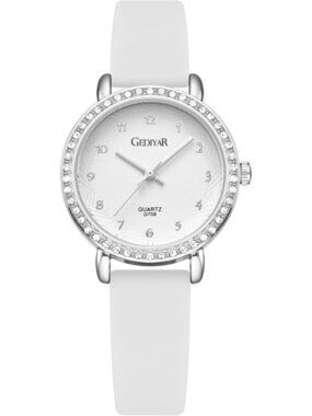 Women's All White Analog Quartz Crystal Rhinestone Bezel Waterproof Wrist Watch